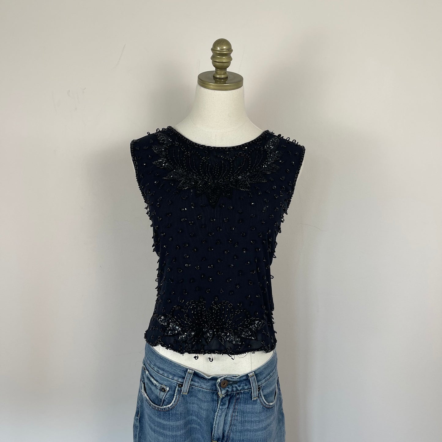 Vintage Black Mesh Beaded Top