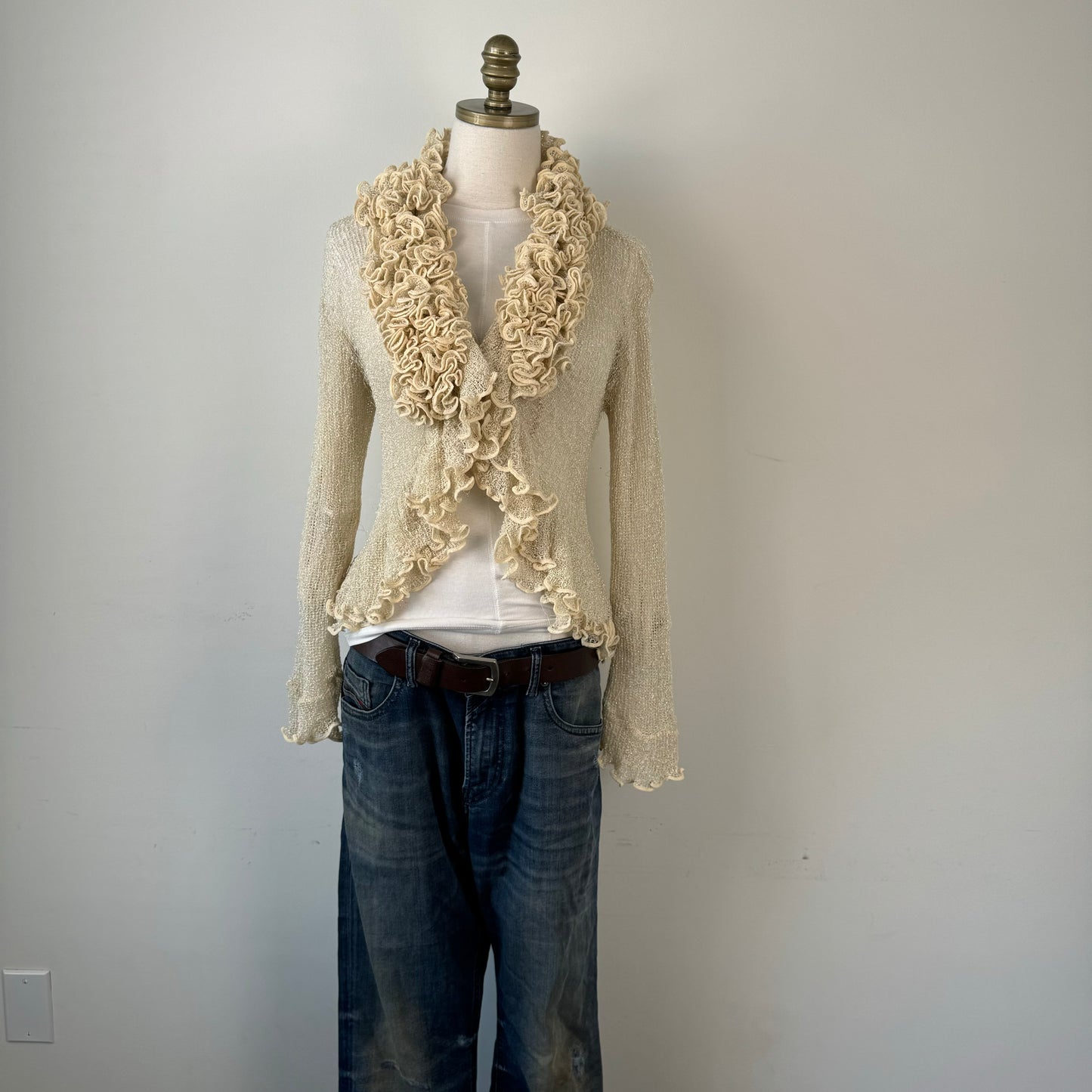 Cream Open Front Tie Up Ruffled Cardigan