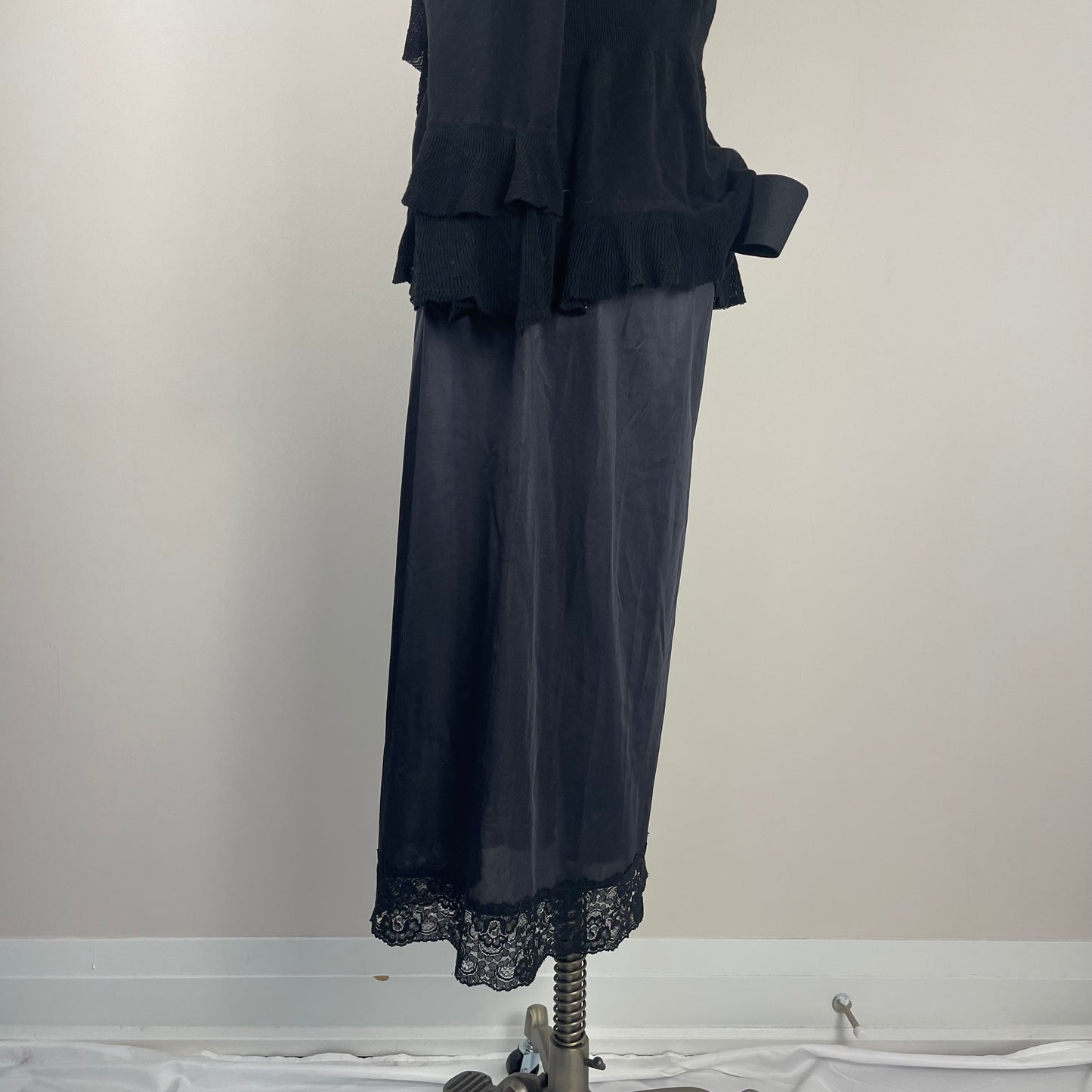 Black Satin Lace Trim Midi Skirt