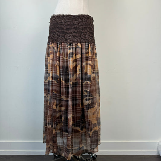Brown Lace Trim Plaid Chiffon Maxi Skirt