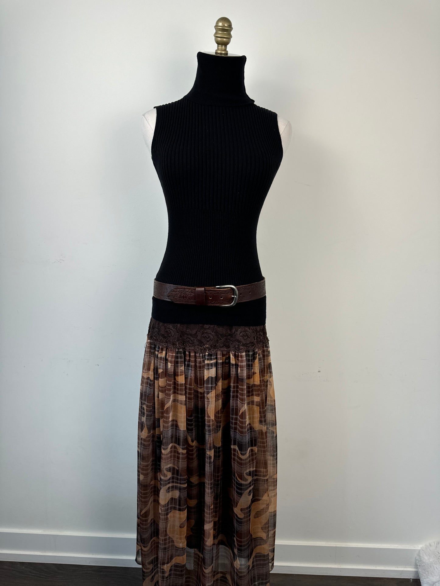 Brown Lace Trim Plaid Chiffon Maxi Skirt