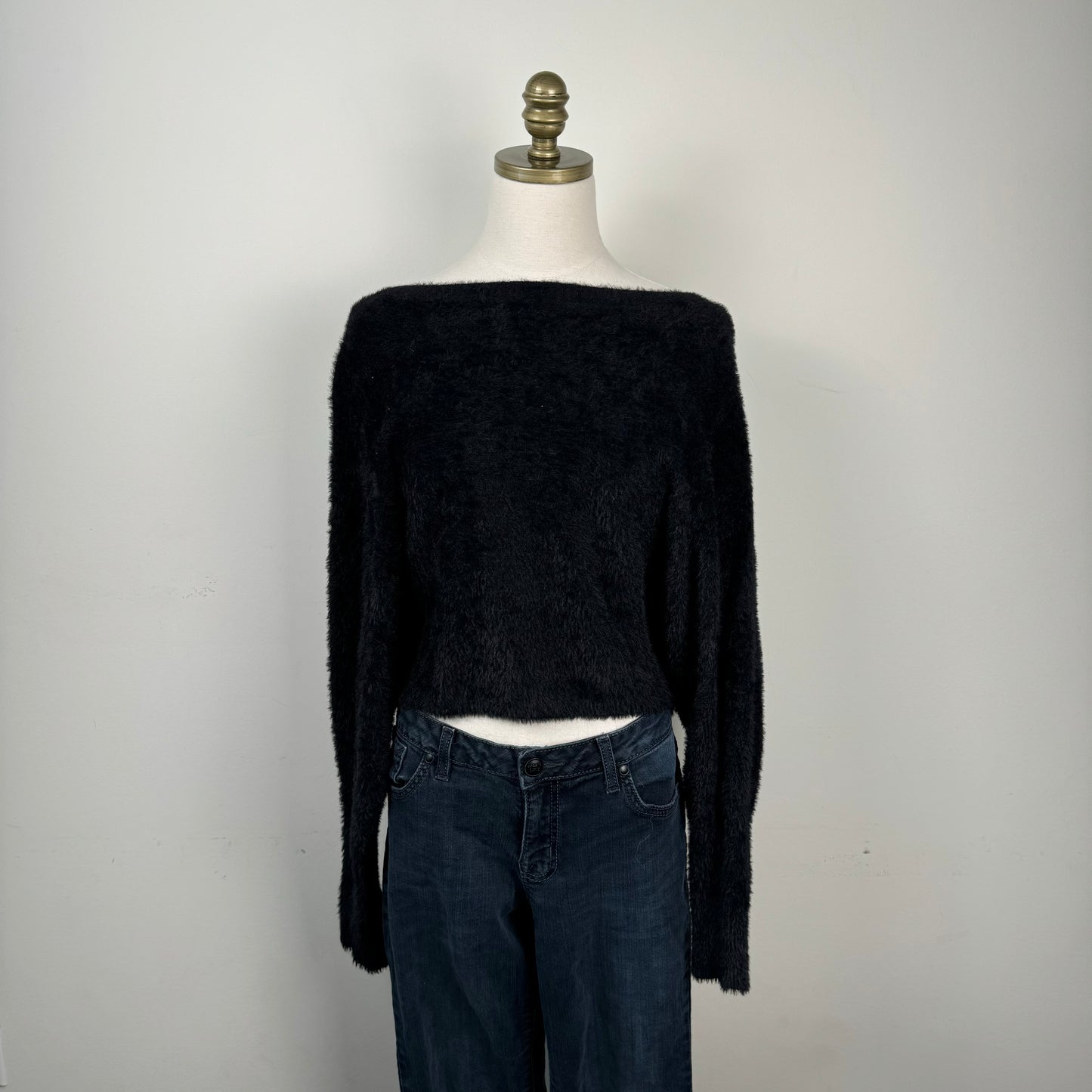Black Off Shoulder Dolman Fuzzy Sweater