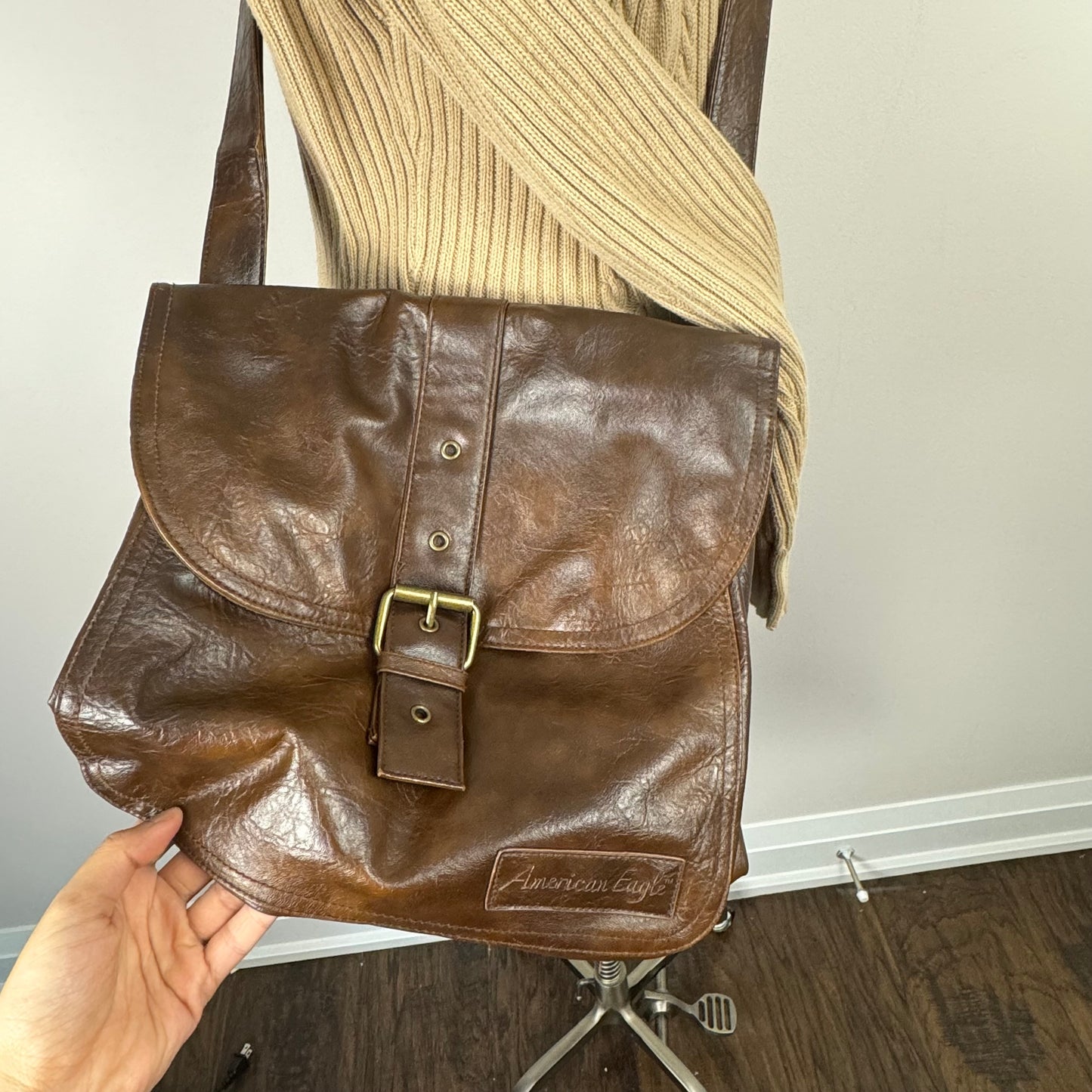 Brown Crossbody Messenger Gold Buckle Leather Bag