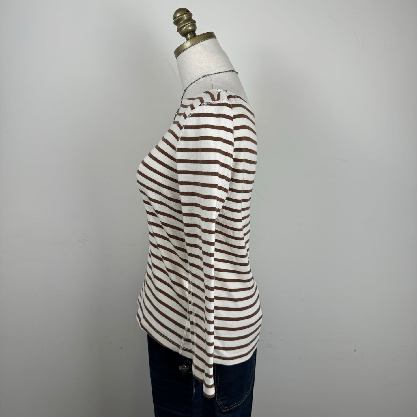 Cream Striped Boat Neck Long Sleeve Top
