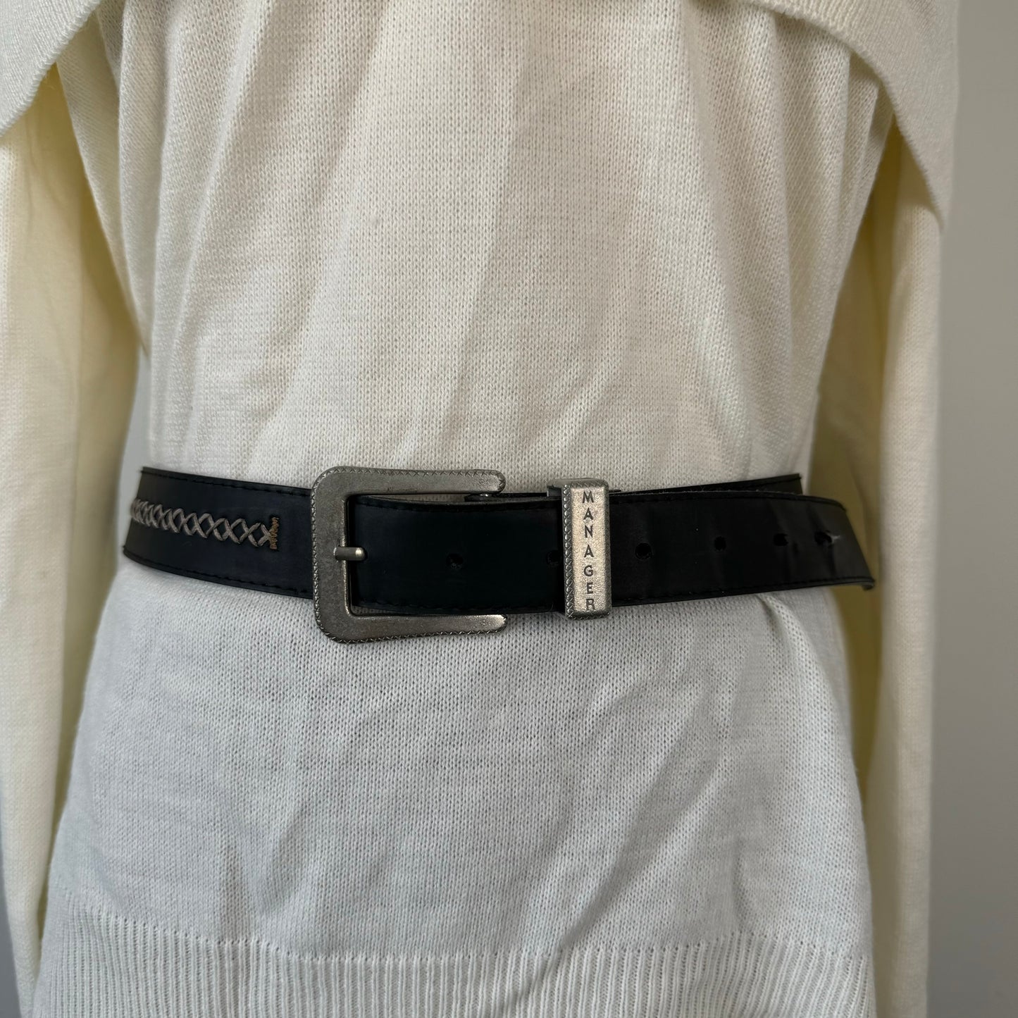 Black Western Silver Buckle Leather Belt