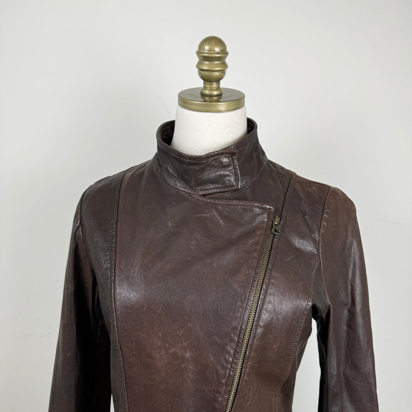 Brown Asymmetric Fitted Moto Genuine Leather Jacket