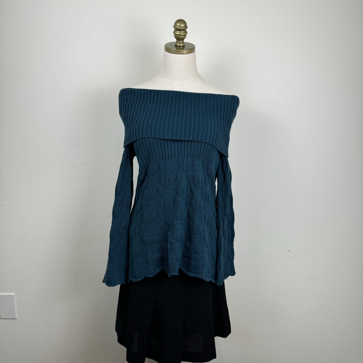 Dark Teal Textured Off The Shoulder Sweater
