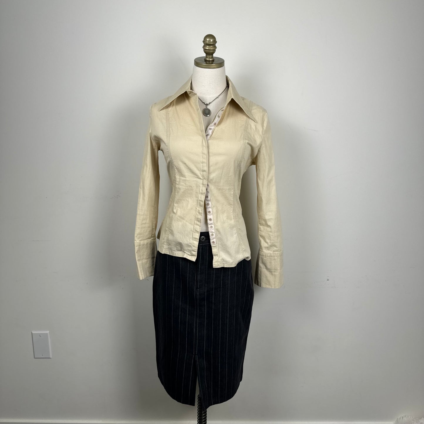 Vintage Alfred Sung Black Pinstripe Denim Midi Skirt