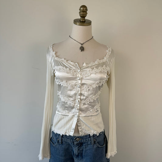 Vintage Cream Satin Button Up Top