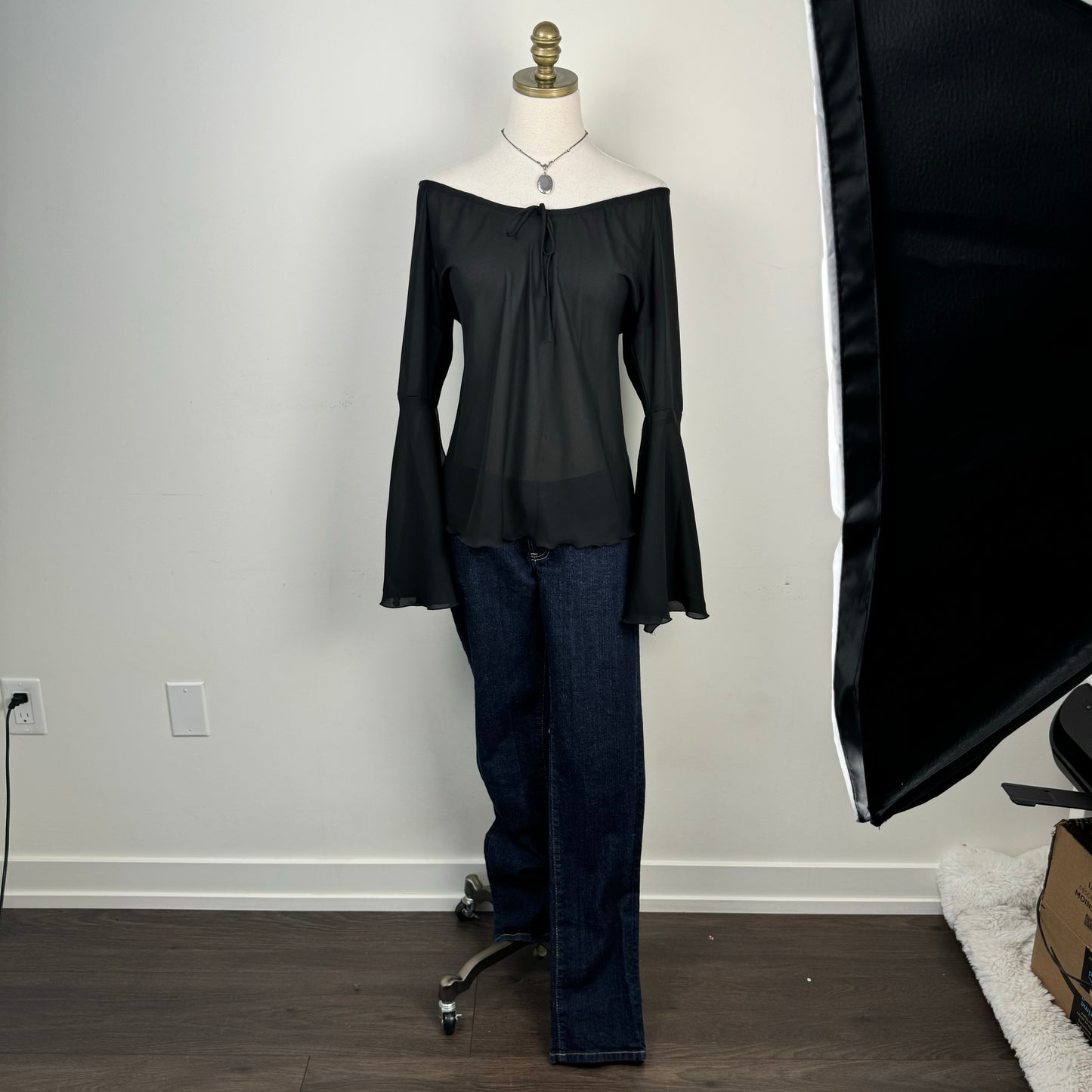 Black Chiffon Off Shoulder Bell Sleeve Top