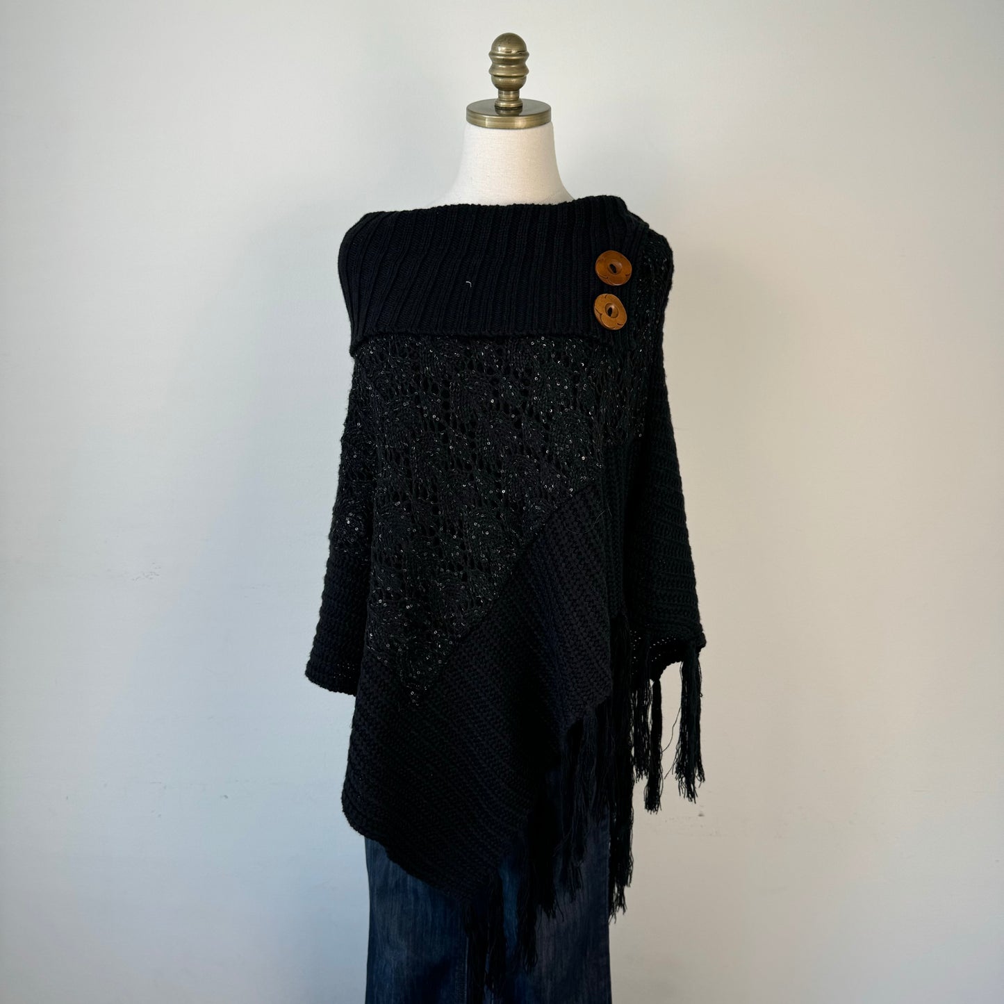 Black Knit Poncho with Brown Buttons