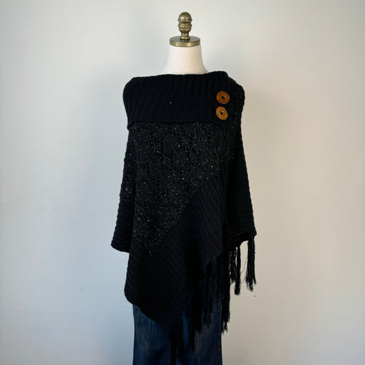 Black Knit Poncho with Brown Buttons