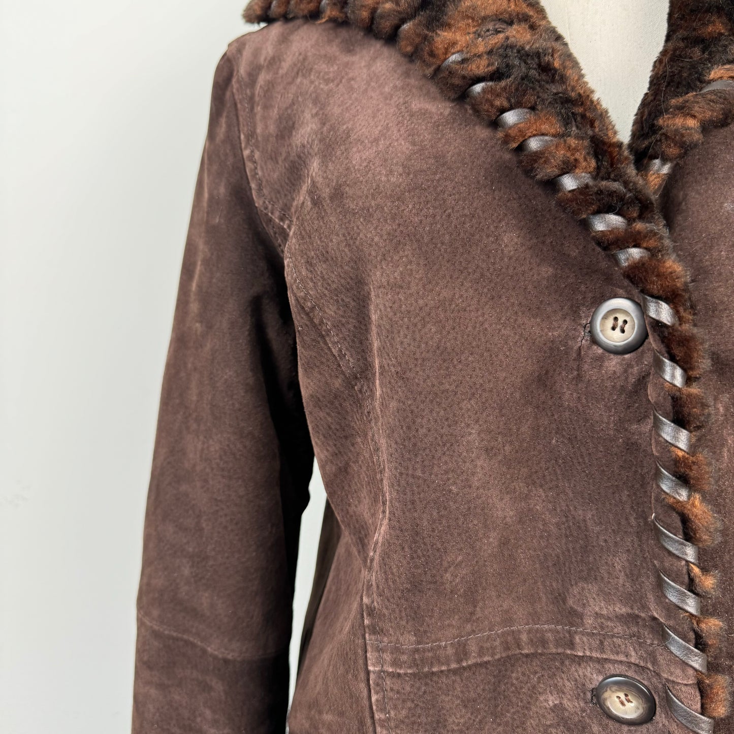 Vintage Brown Genuine Suede Leather Fur Trim Coat