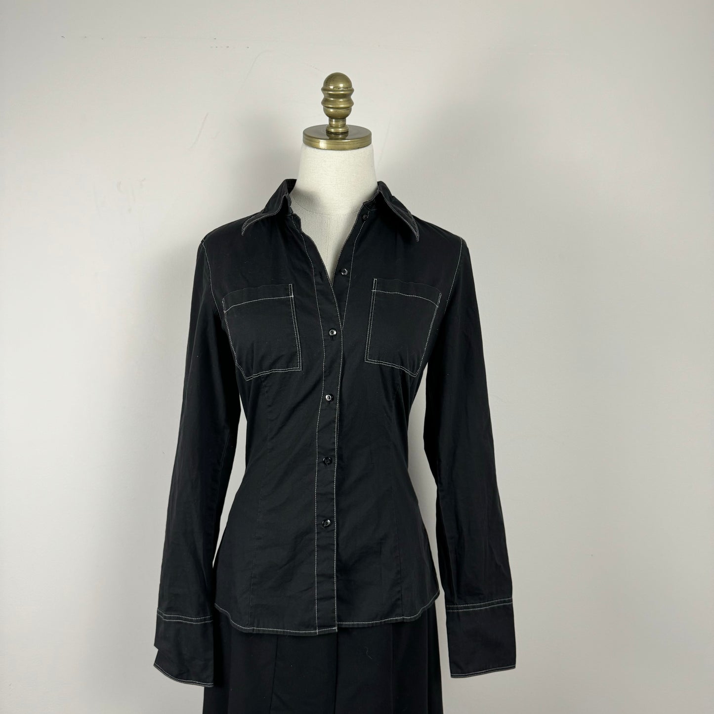 Black Contrast Stitch Fitted Button Up Shirt