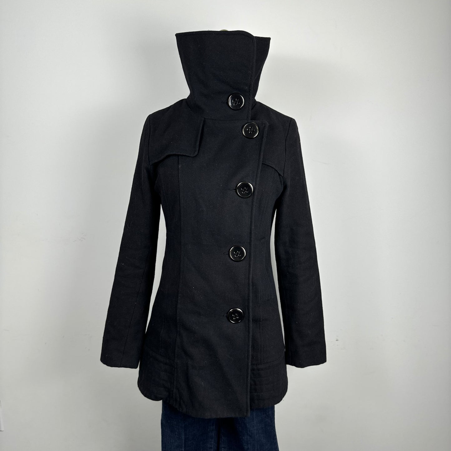 Black Wool Funnel Neck Trench Coat