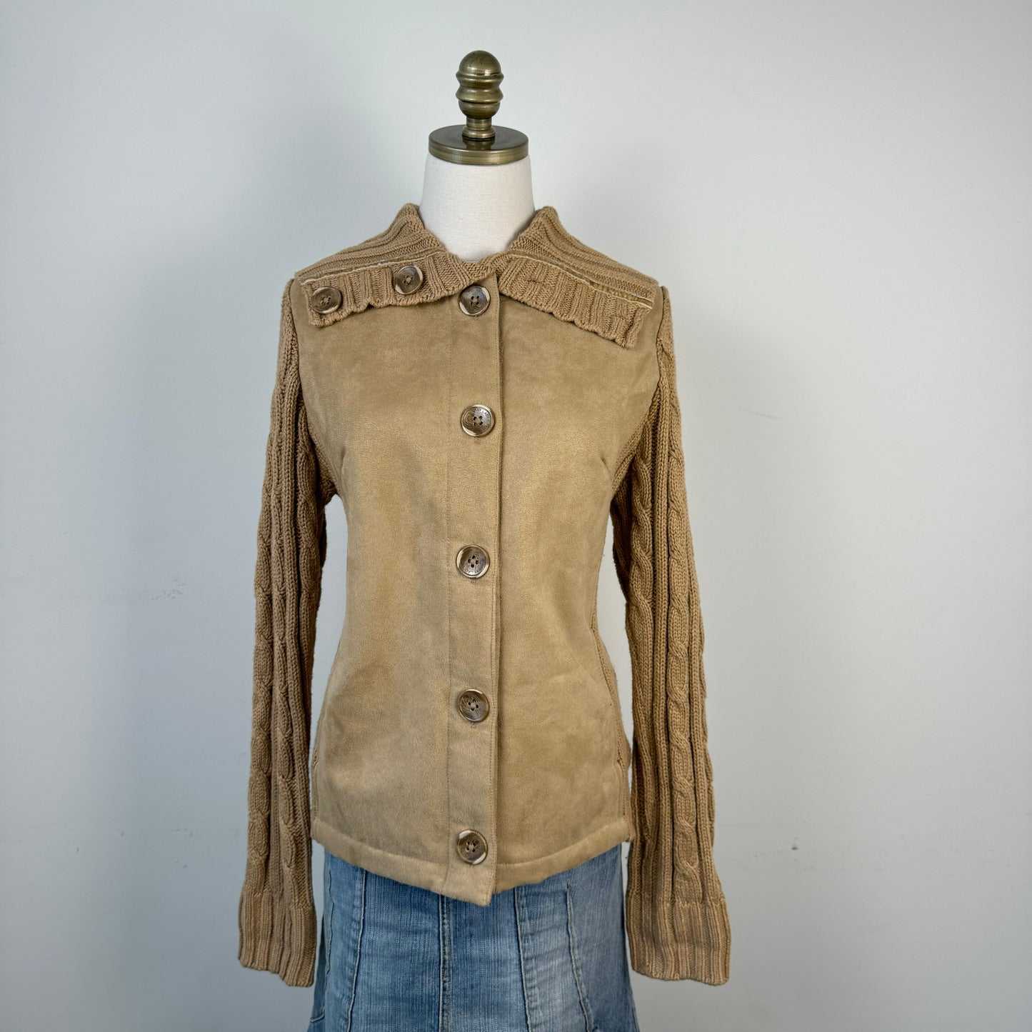 Vintage Tan Suede Cable Knit Button Up Jacket