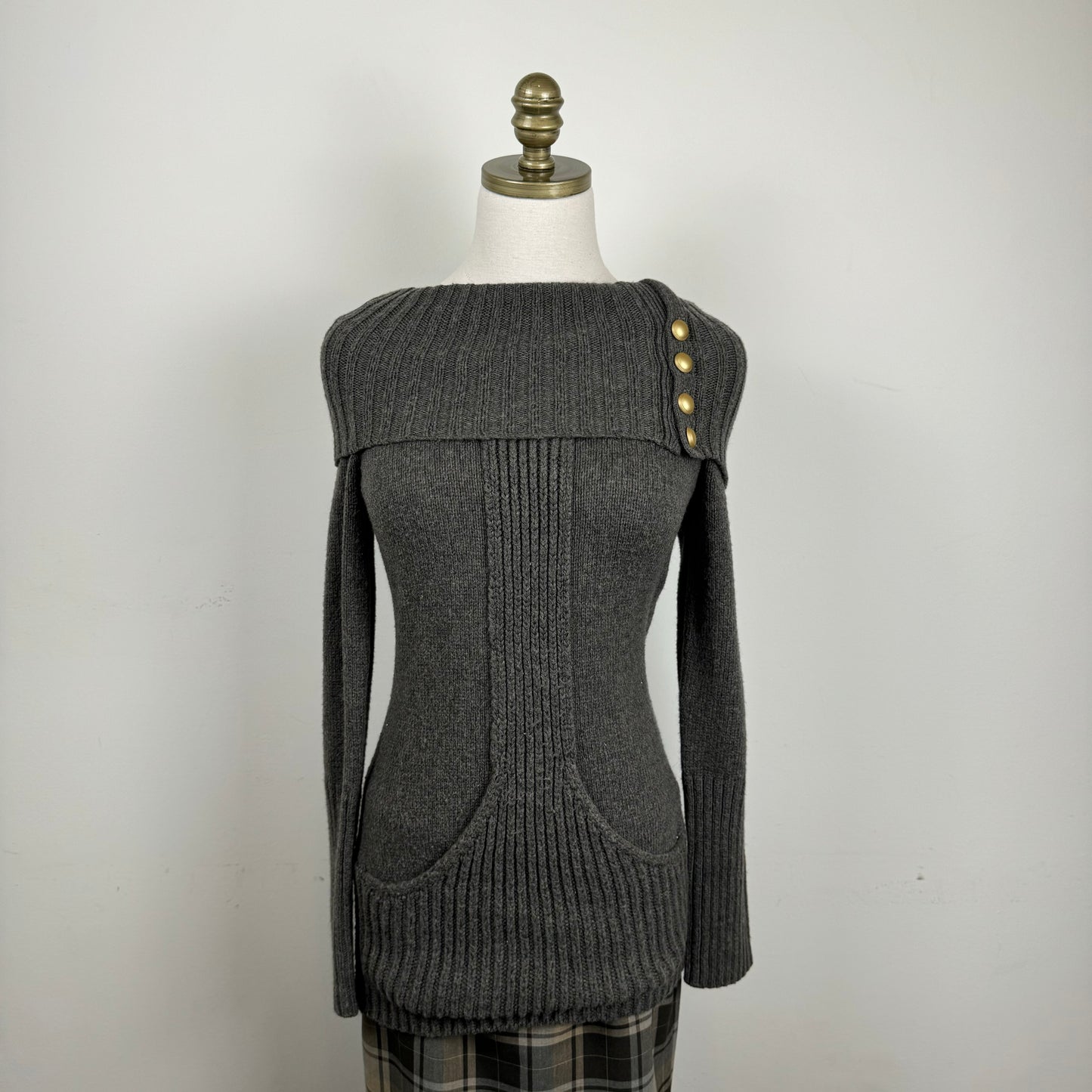 Grey Off Shoulder Gold Button Sweater