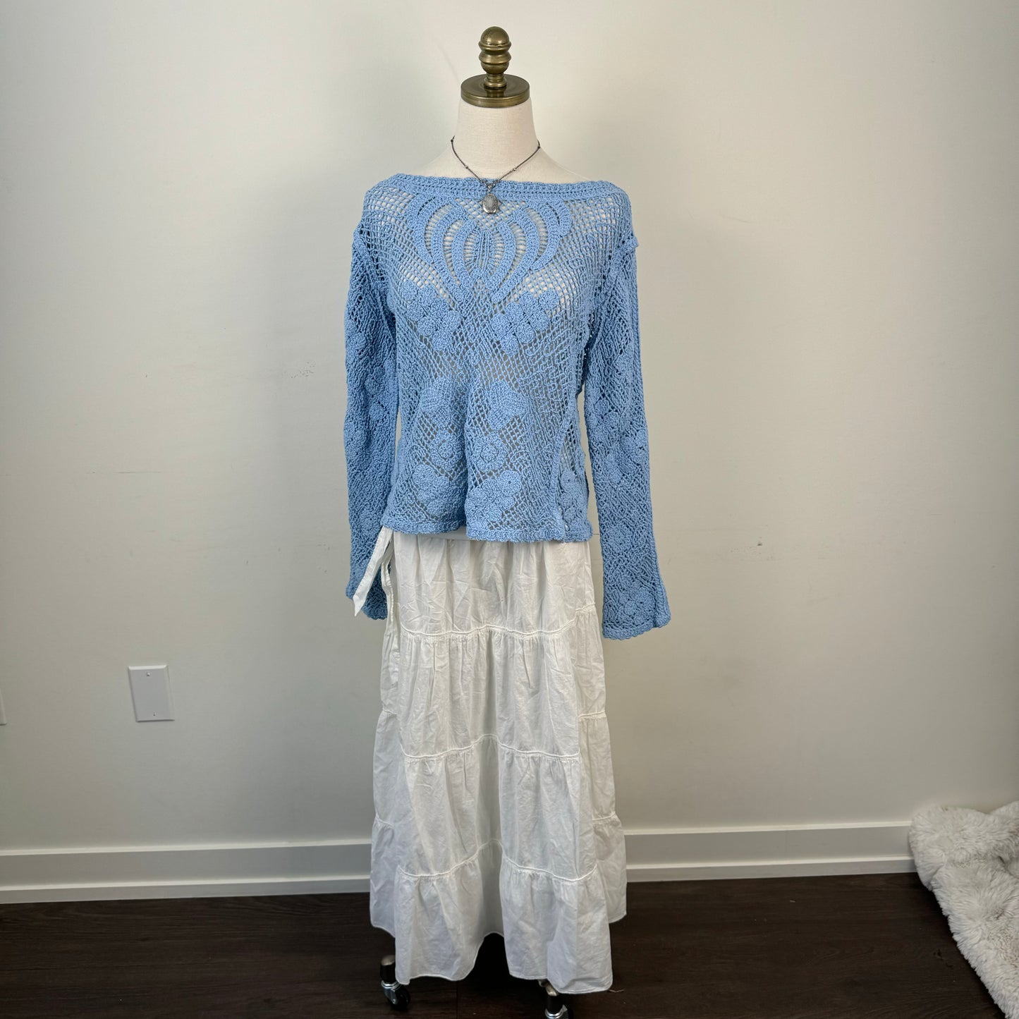 Blue Crochet Boat Neck Sweater