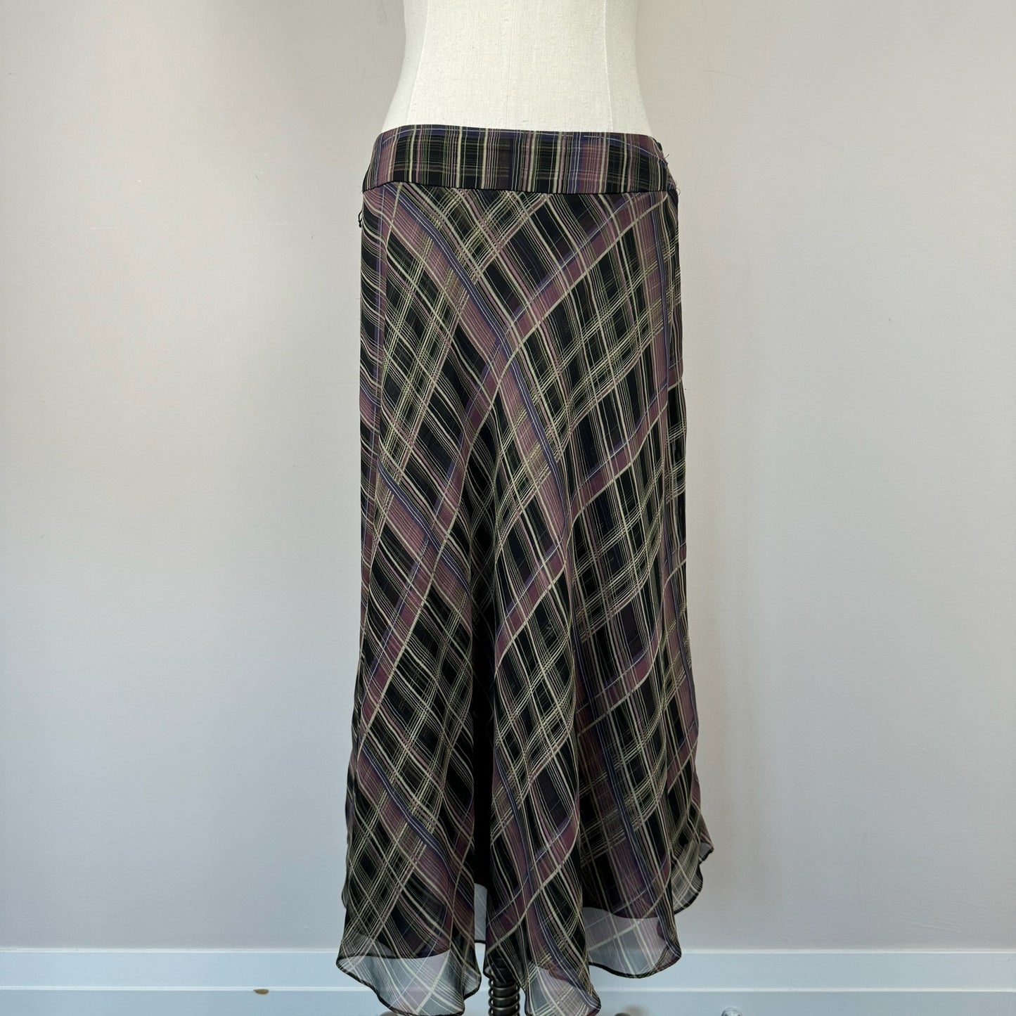 Vintage Plaid Chiffon Midi Skirt