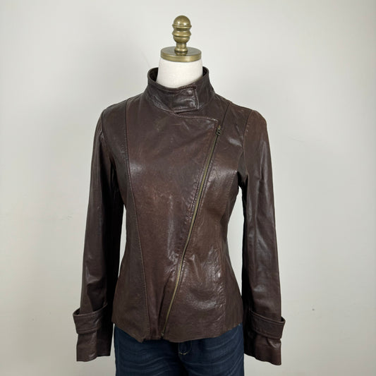 Brown Asymmetric Fitted Moto Genuine Leather Jacket