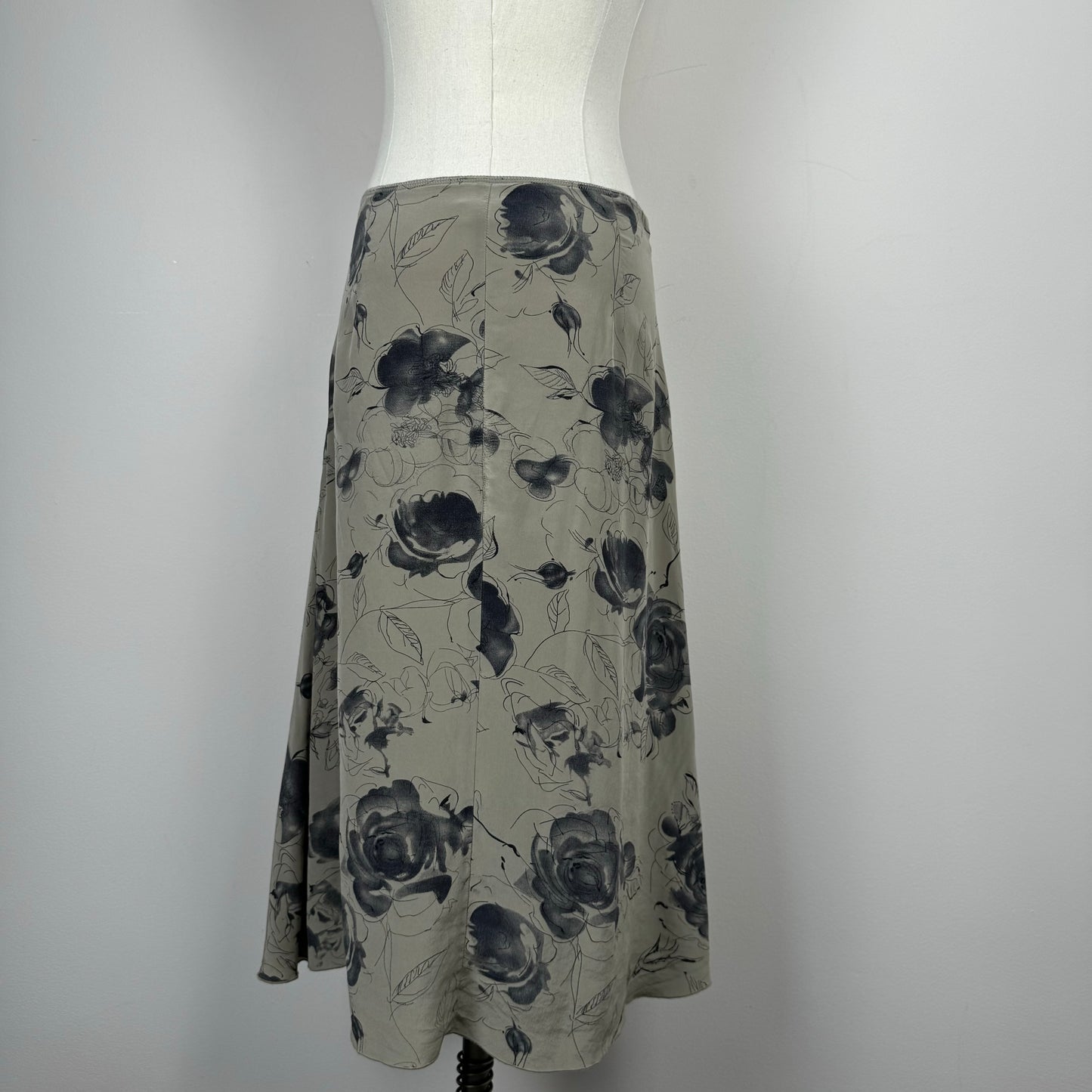 Floral Print Mesh Overlay Silk Midi Skirt