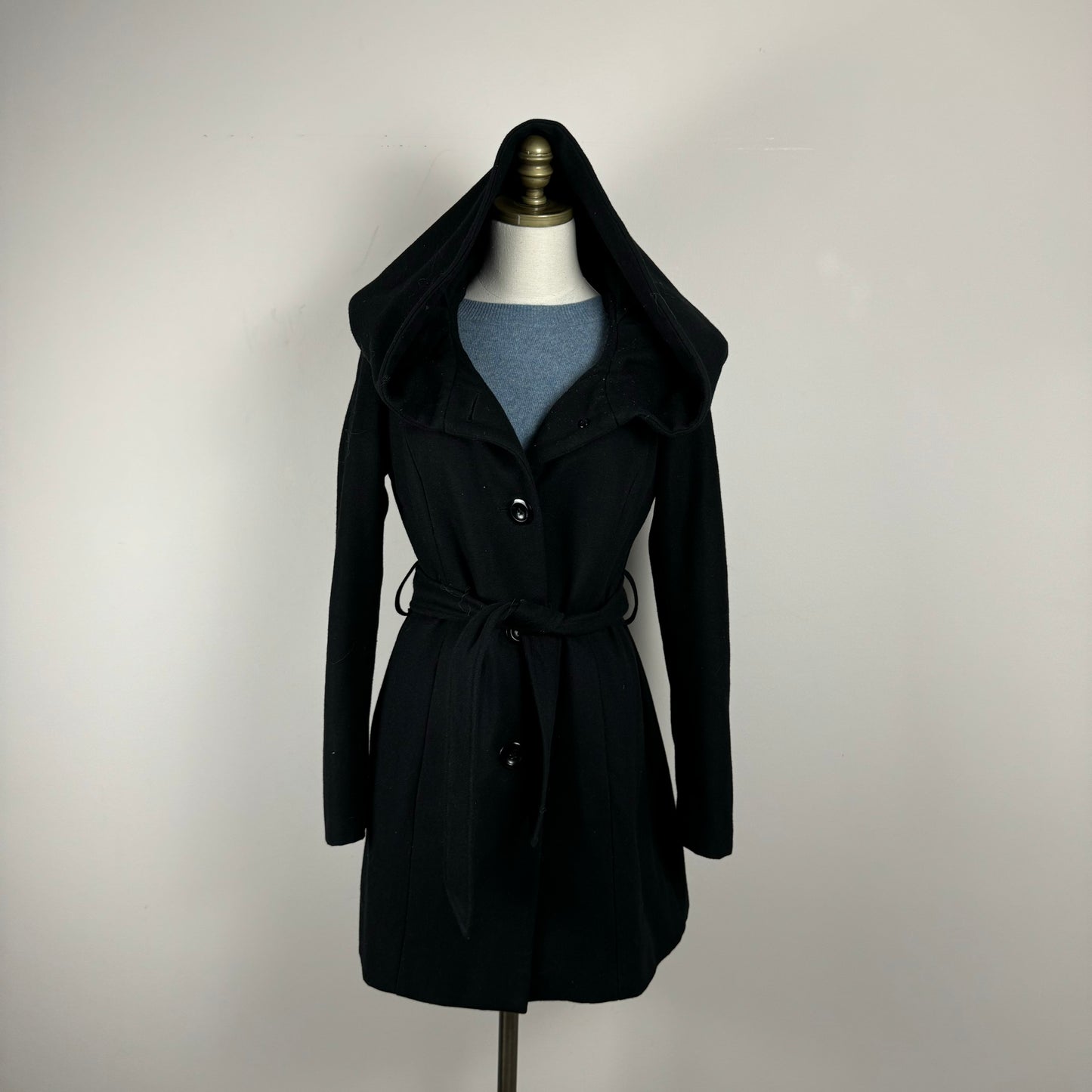 Vintage Black Long Hooded Trench Coat