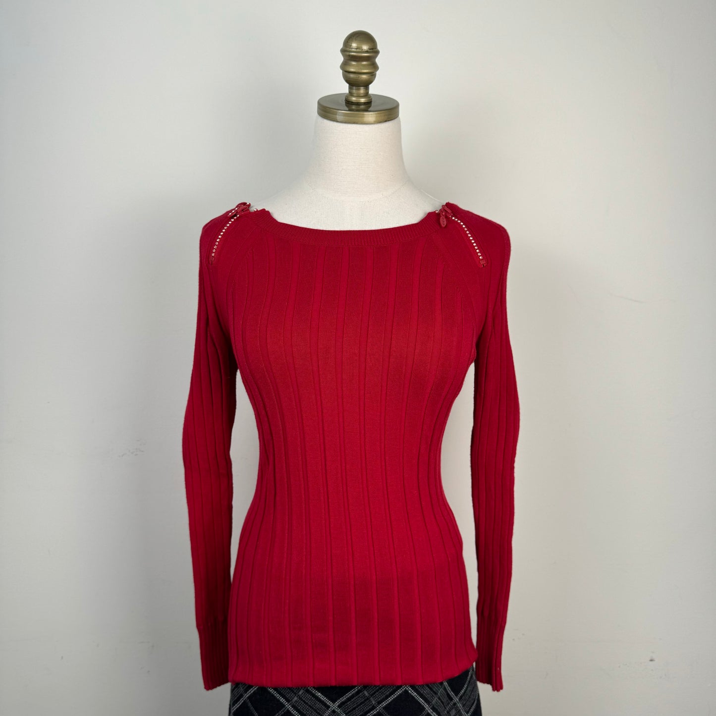 Red Boat Neck Ribbed Fitted Sweater