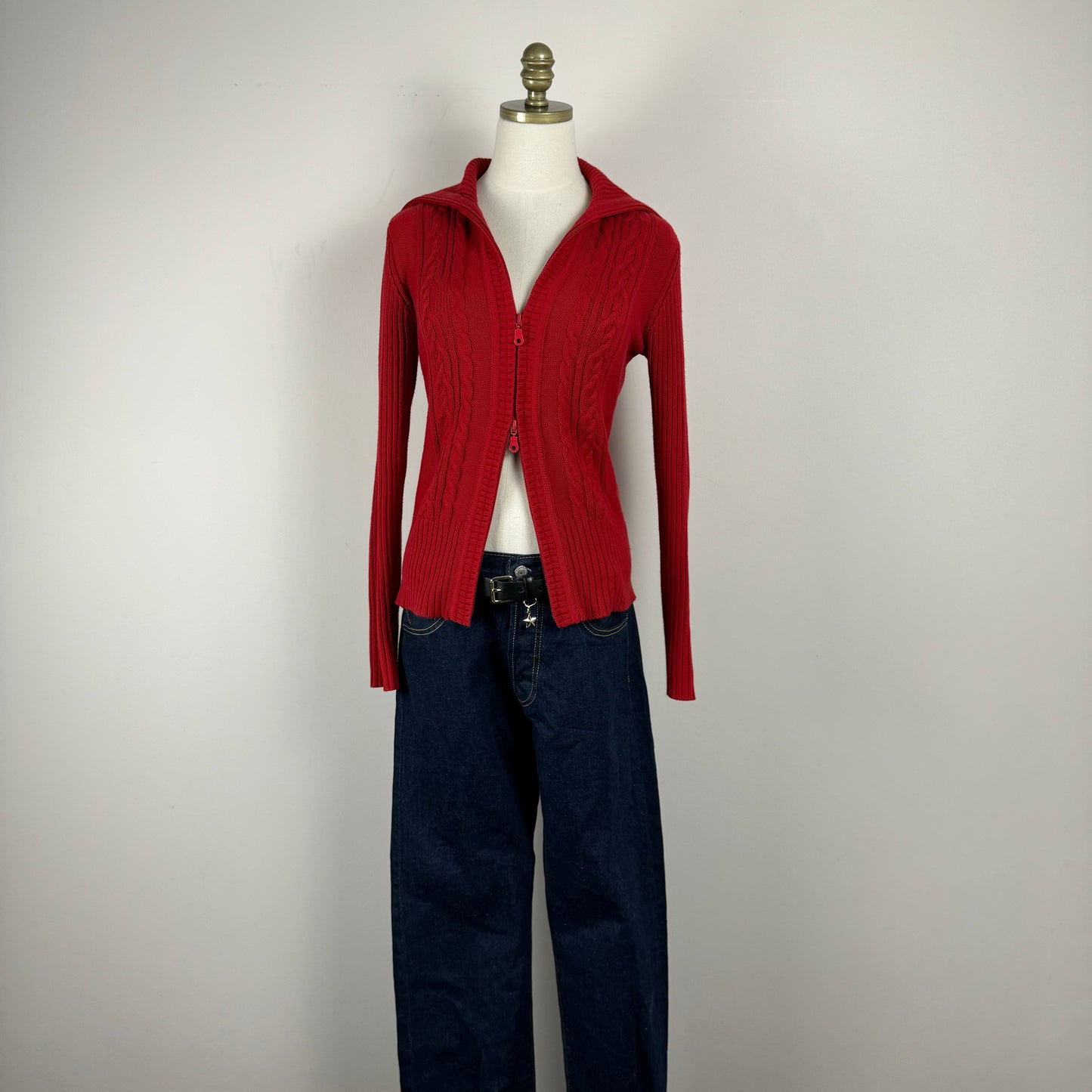 Vintage Red Double Zip Cable Knit Sweater