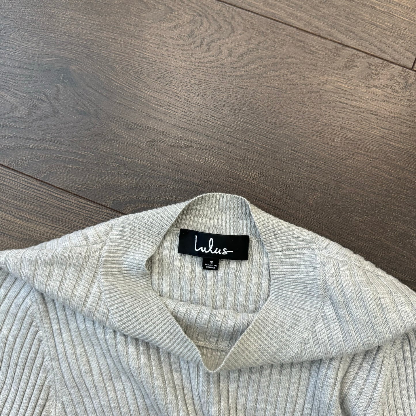 Grey Mock Neck Ribbed Sweater Flared Hem