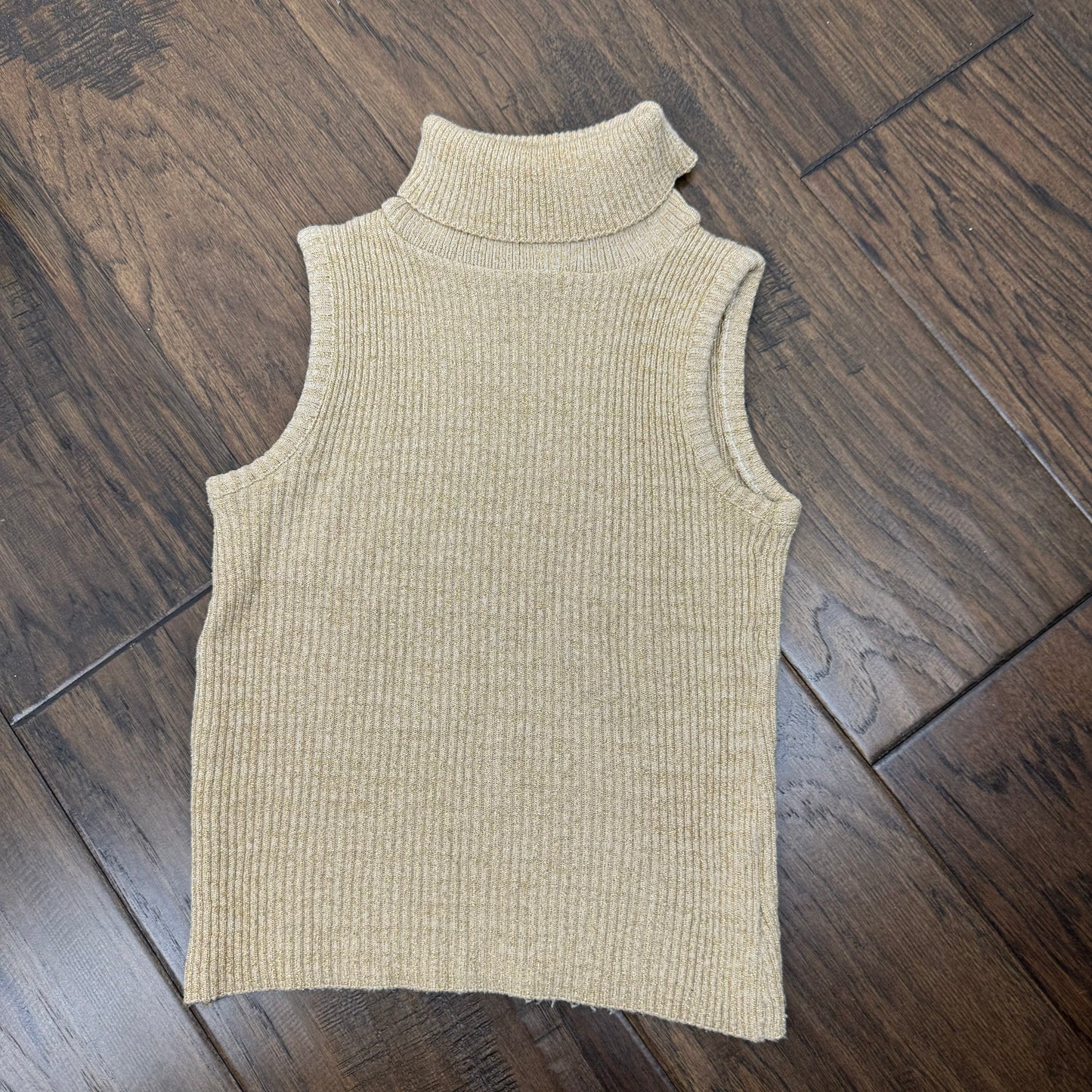 Vintage Beige Ribbed Knit Sleeveless Turtleneck Top