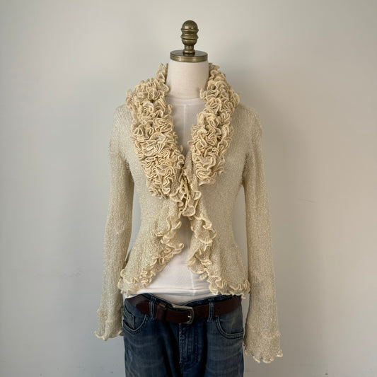 Cream Open Front Tie Up Ruffled Cardigan