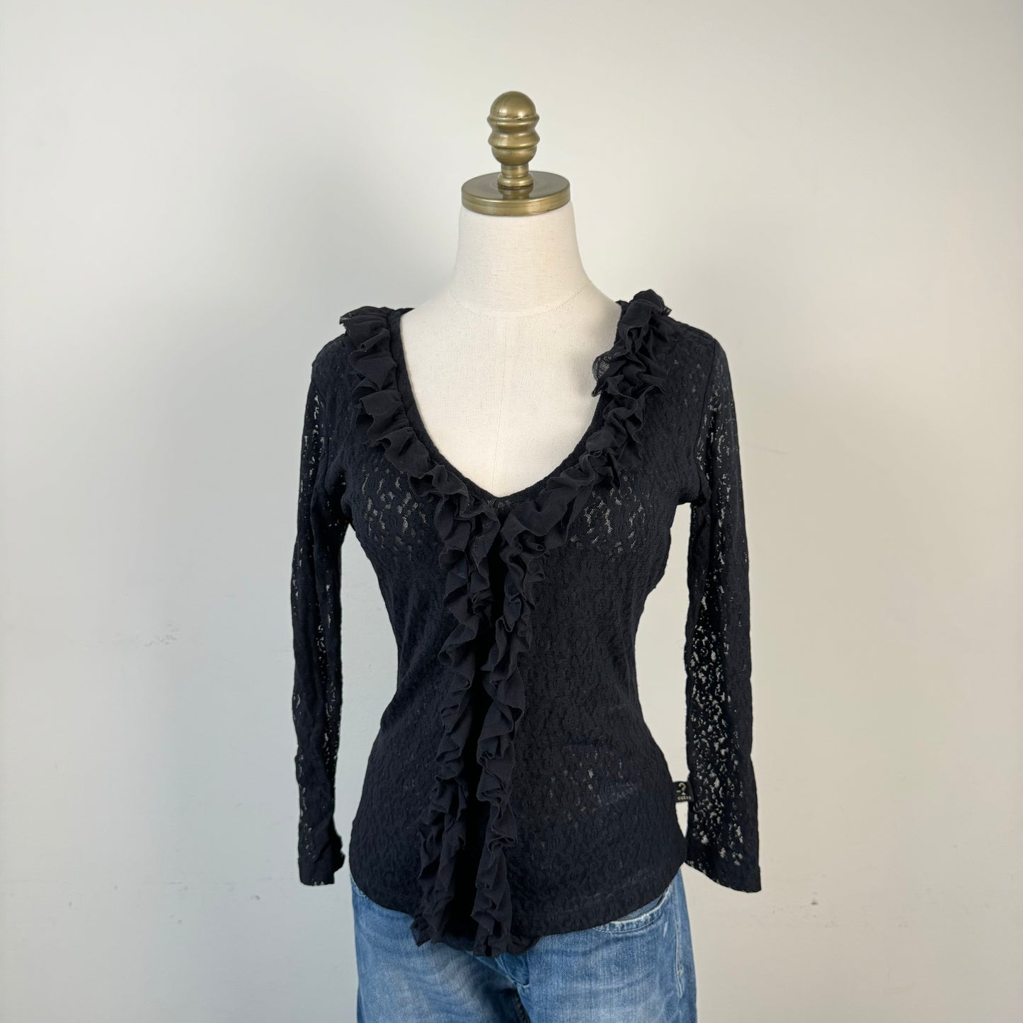 Black Lace Ruffled Fitted Top