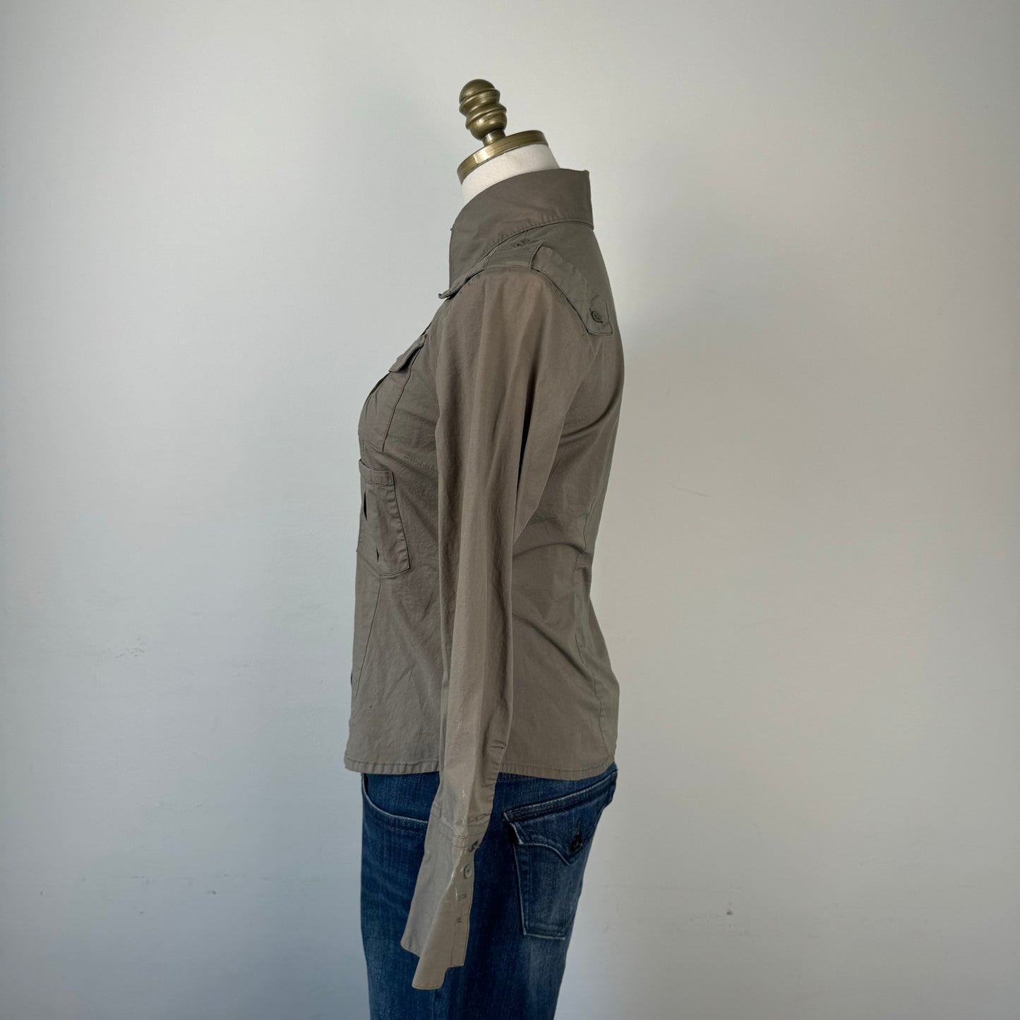 Khaki/Olive Green Fitted Utility Button Up Shirt