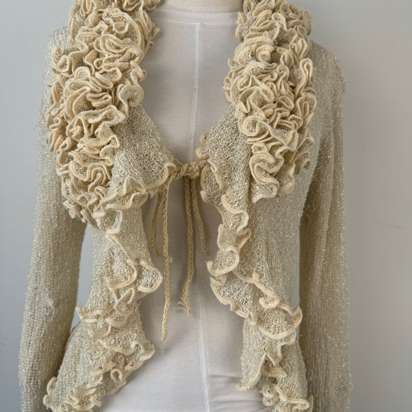 Cream Open Front Tie Up Ruffled Cardigan