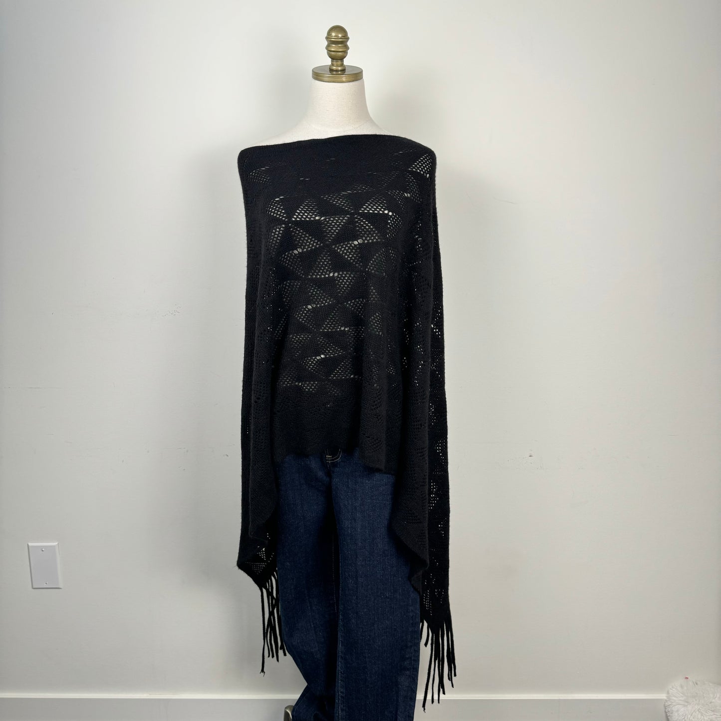 Black Knit Poncho with Fringe
