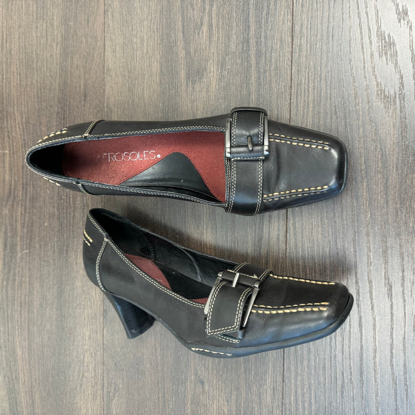 Dark Brown Leather Buckle Kitten Heels