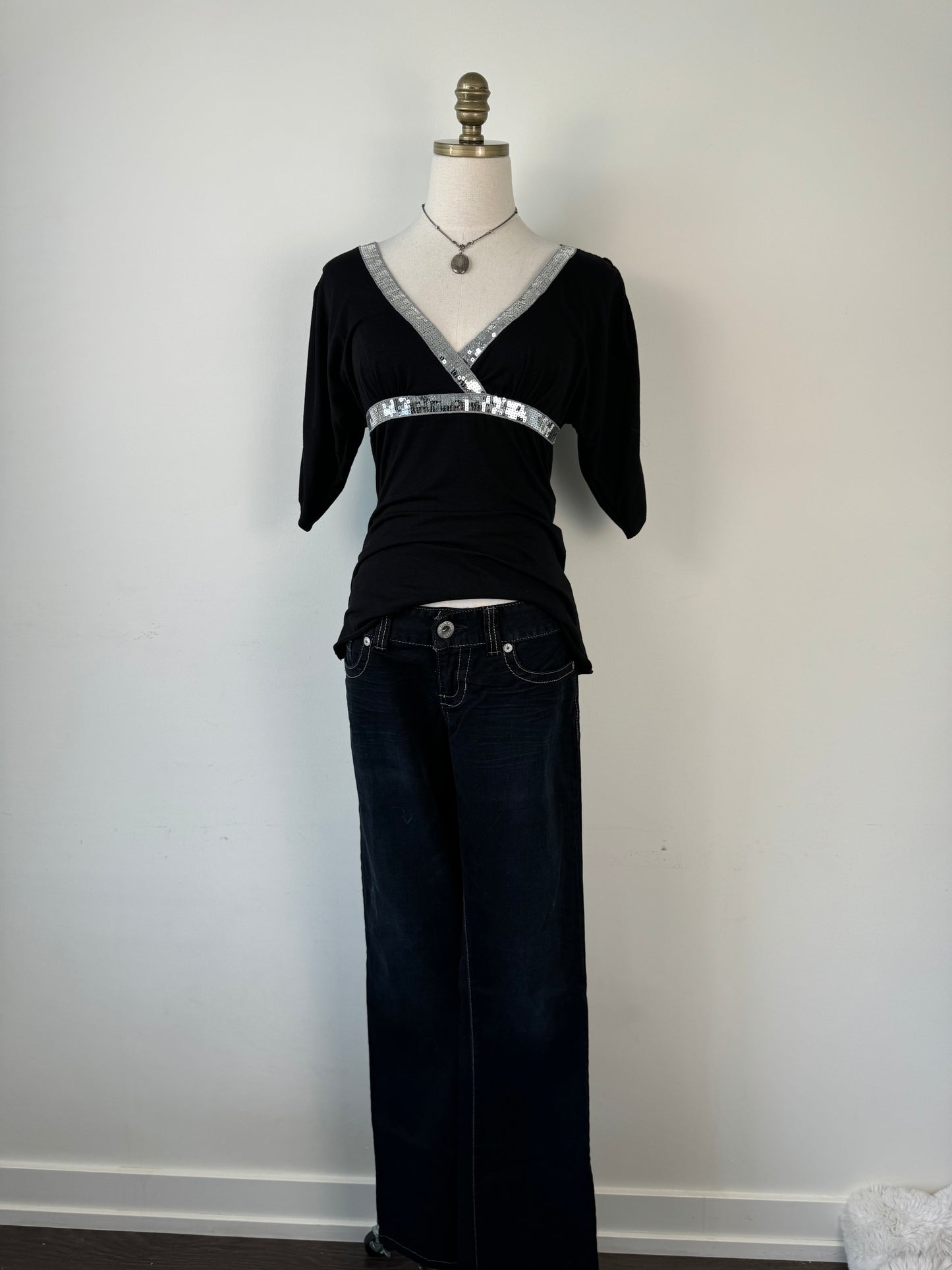 Y2K Babydoll Sequin Trim Top