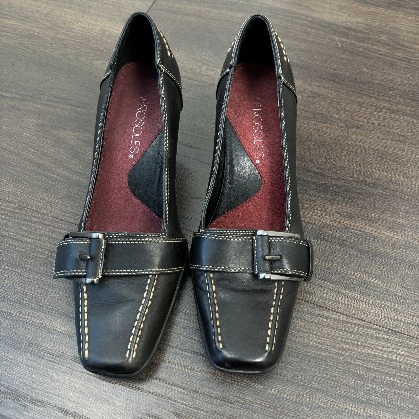 Dark Brown Leather Buckle Kitten Heels