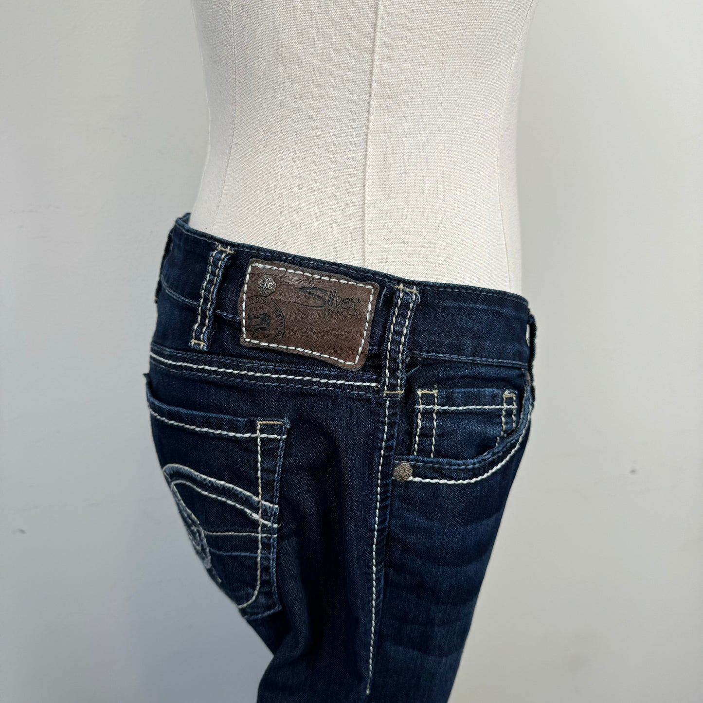 Silver Low Rise Dark Wash Straight Cut Jeans