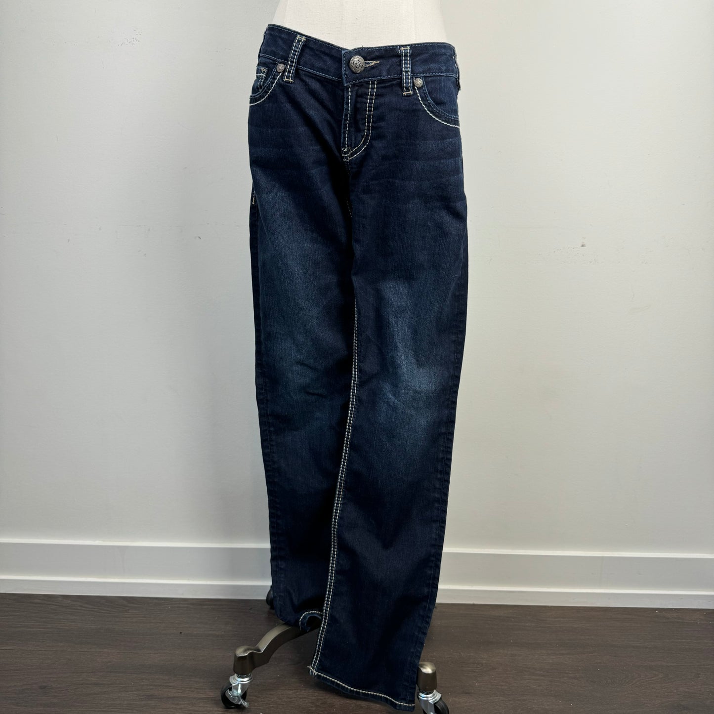 Silver Low Rise Dark Wash Straight Cut Jeans