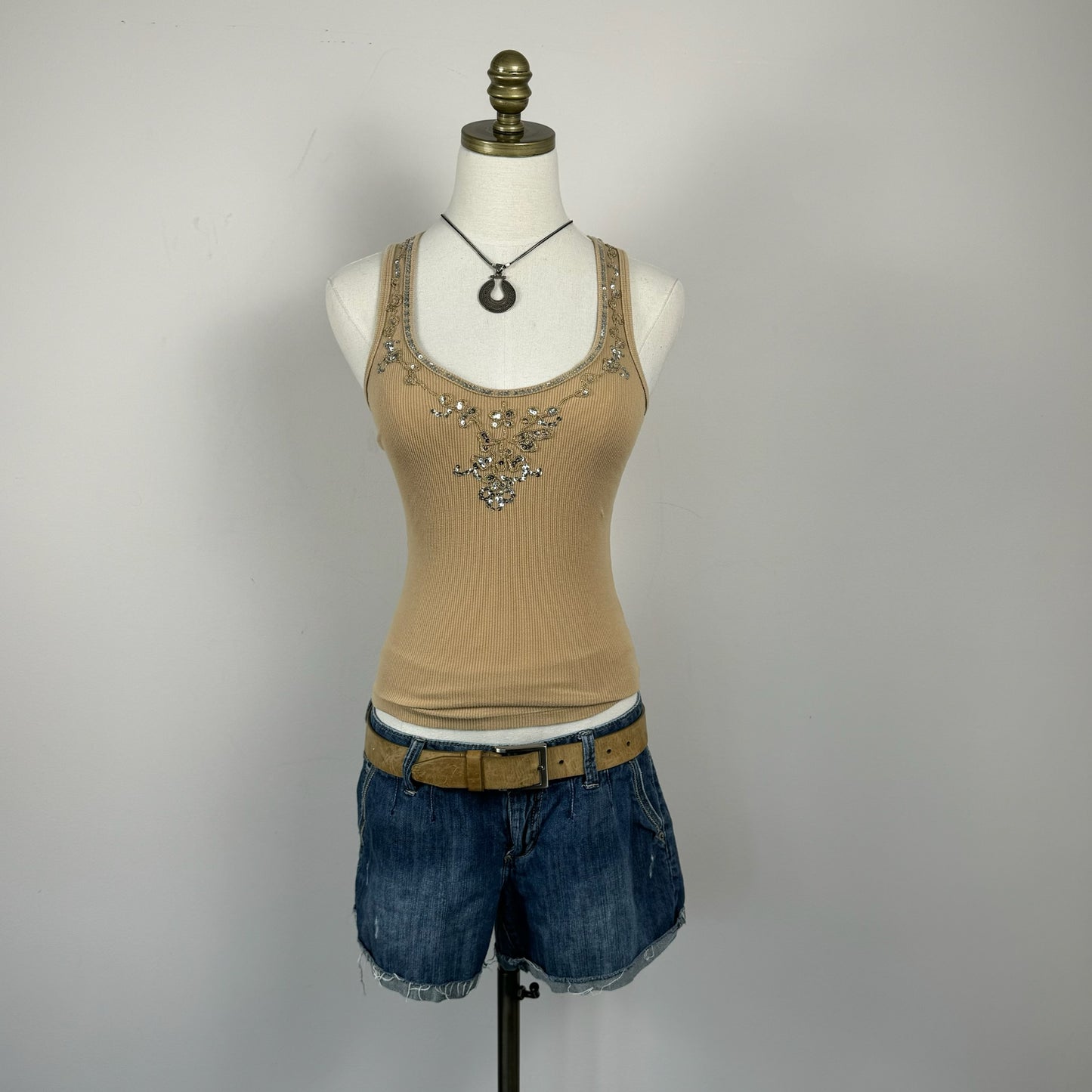 Fitted Beaded Beige Ribbed Knit Tank Top