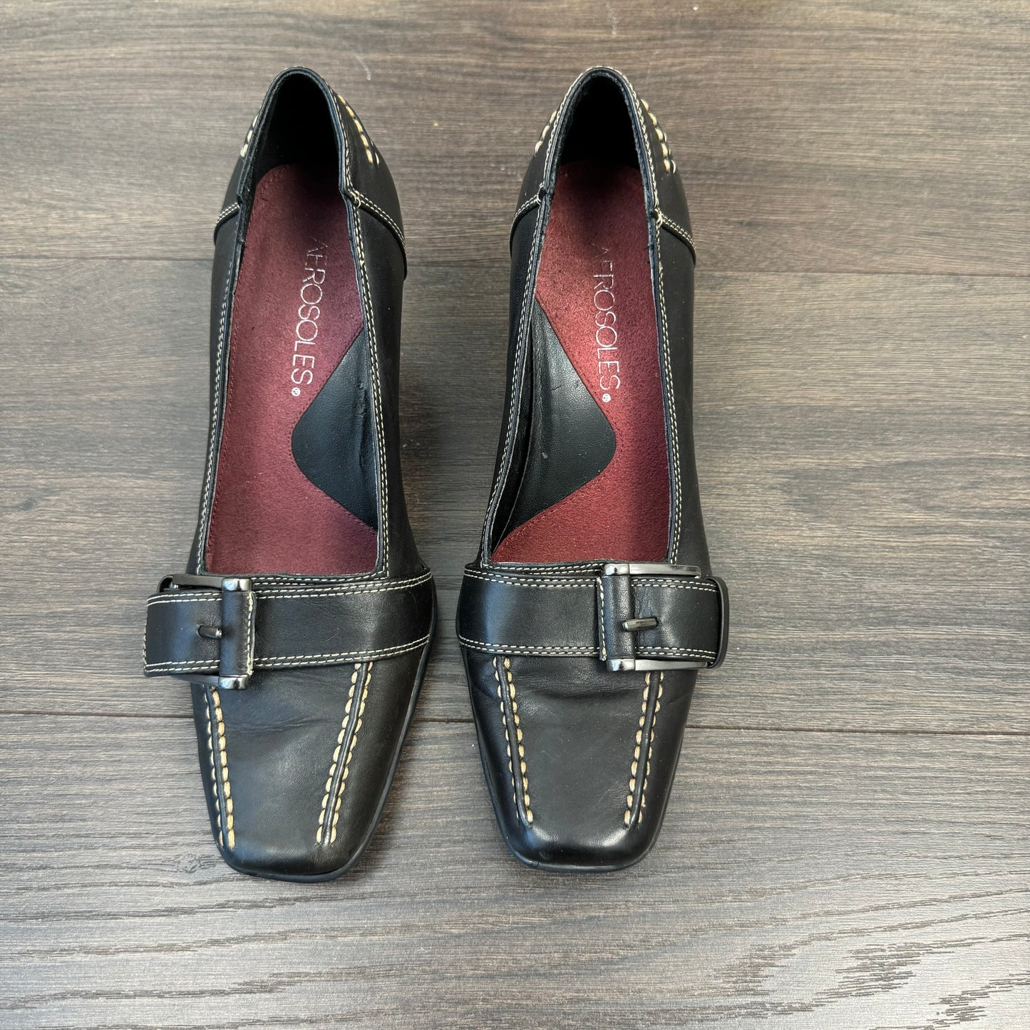 Dark Brown Leather Buckle Kitten Heels