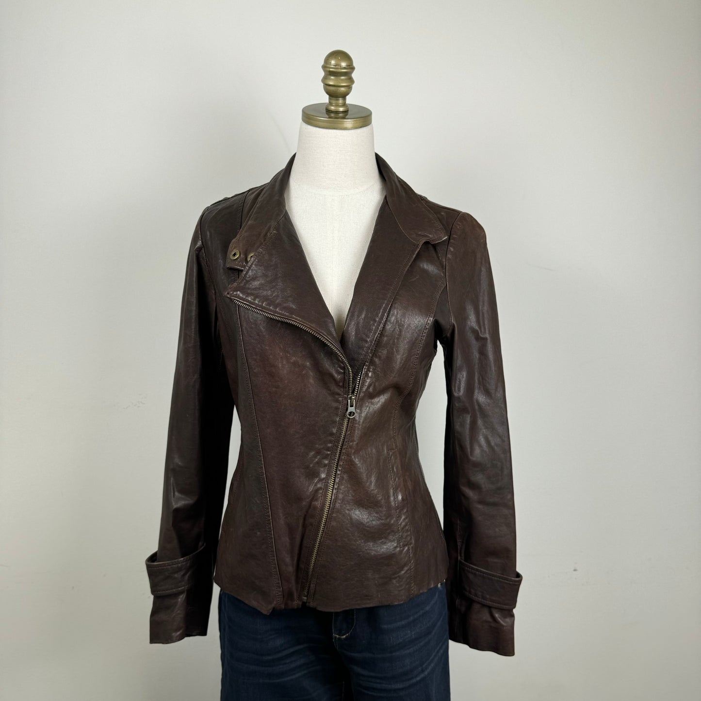 Brown Asymmetric Fitted Moto Genuine Leather Jacket