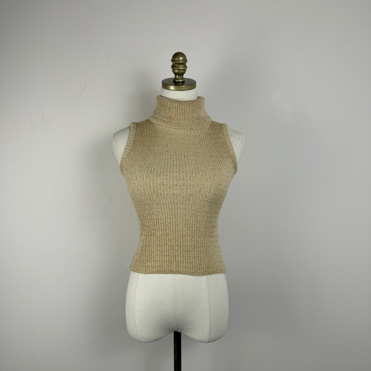 Vintage Beige Ribbed Knit Sleeveless Turtleneck Top