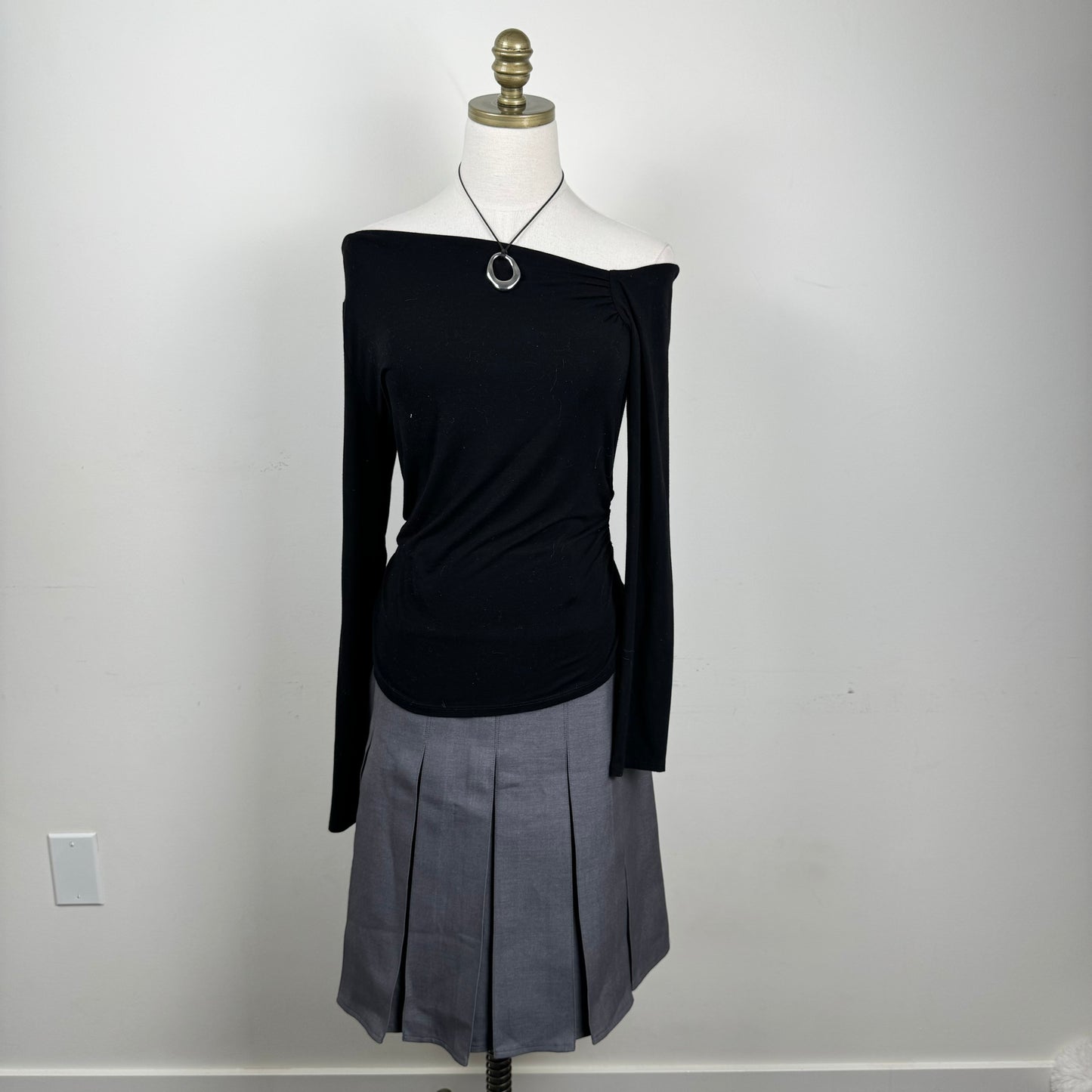 Black Asymmetric Off Shoulder Fitted Long Sleeve Top
