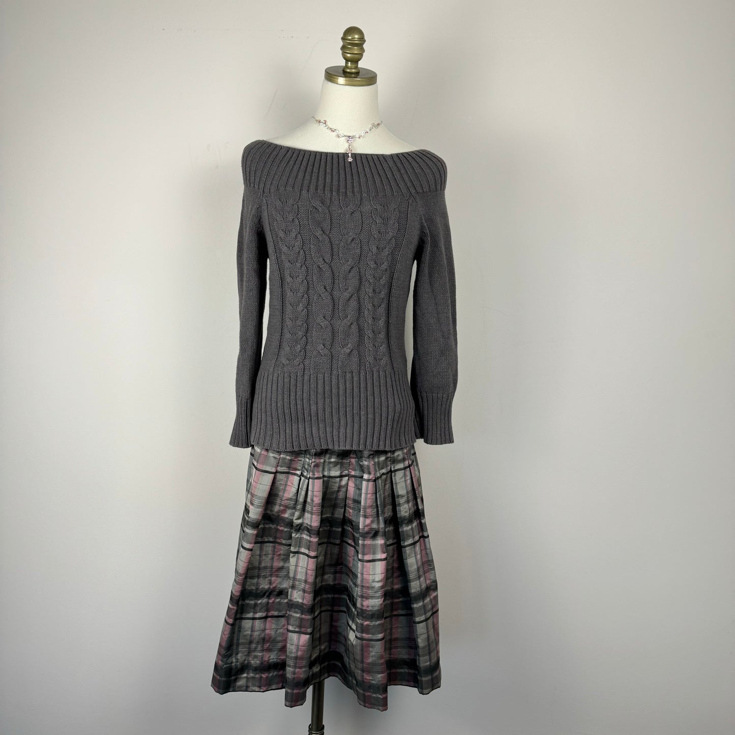 Grey and Pink Coquette Plaid Midi Skirt