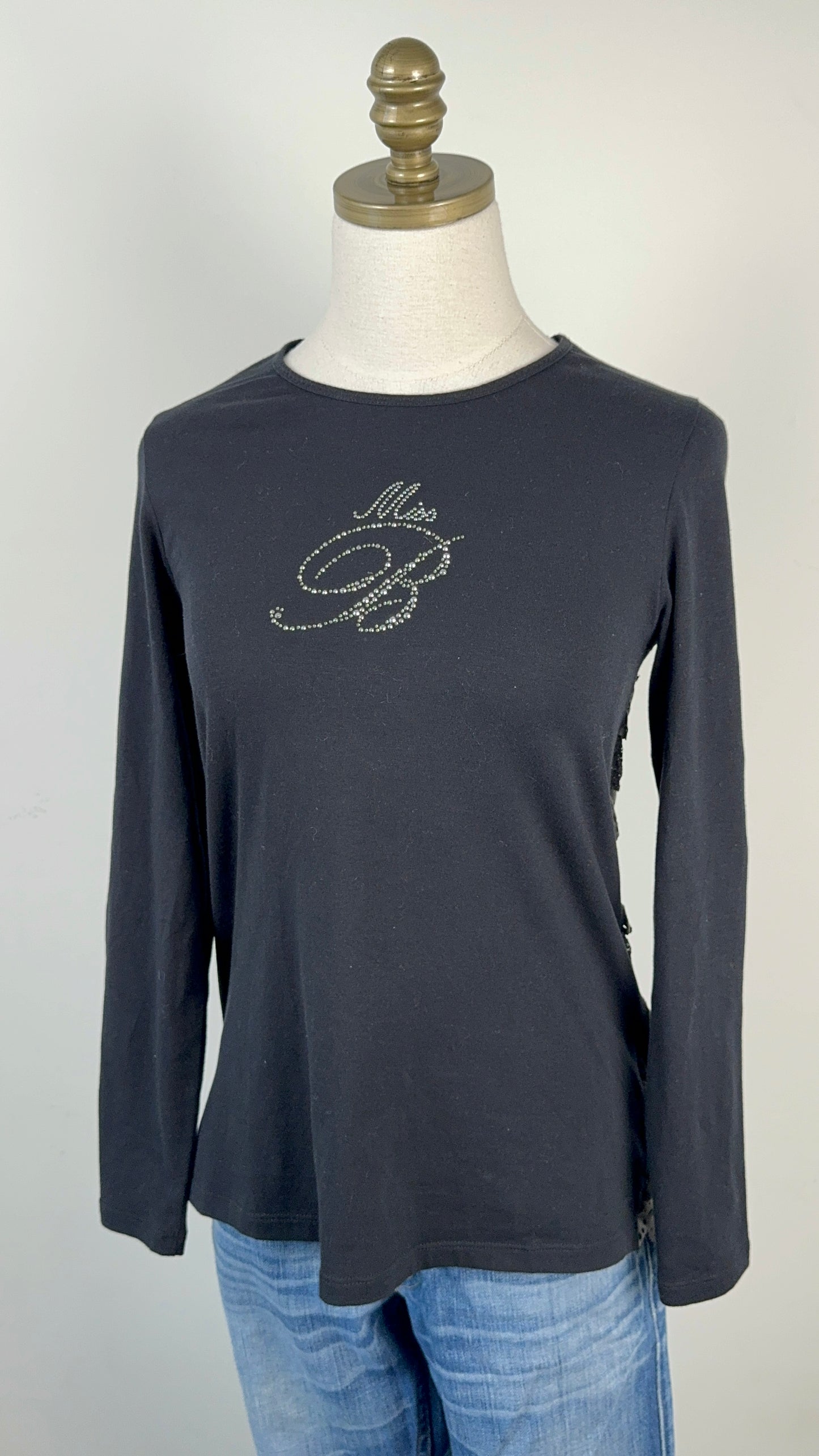 Blumarine Rhinestone Leather and Lace Long Sleeve Top