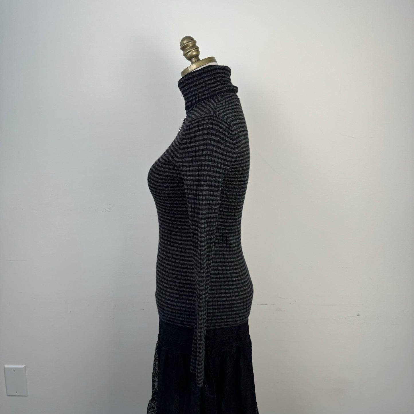 Black and Grey Striped Fitted Turtleneck Sweater