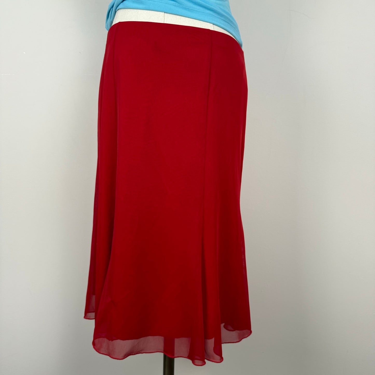 Vintage Red Mesh Overlay Midi Skirt