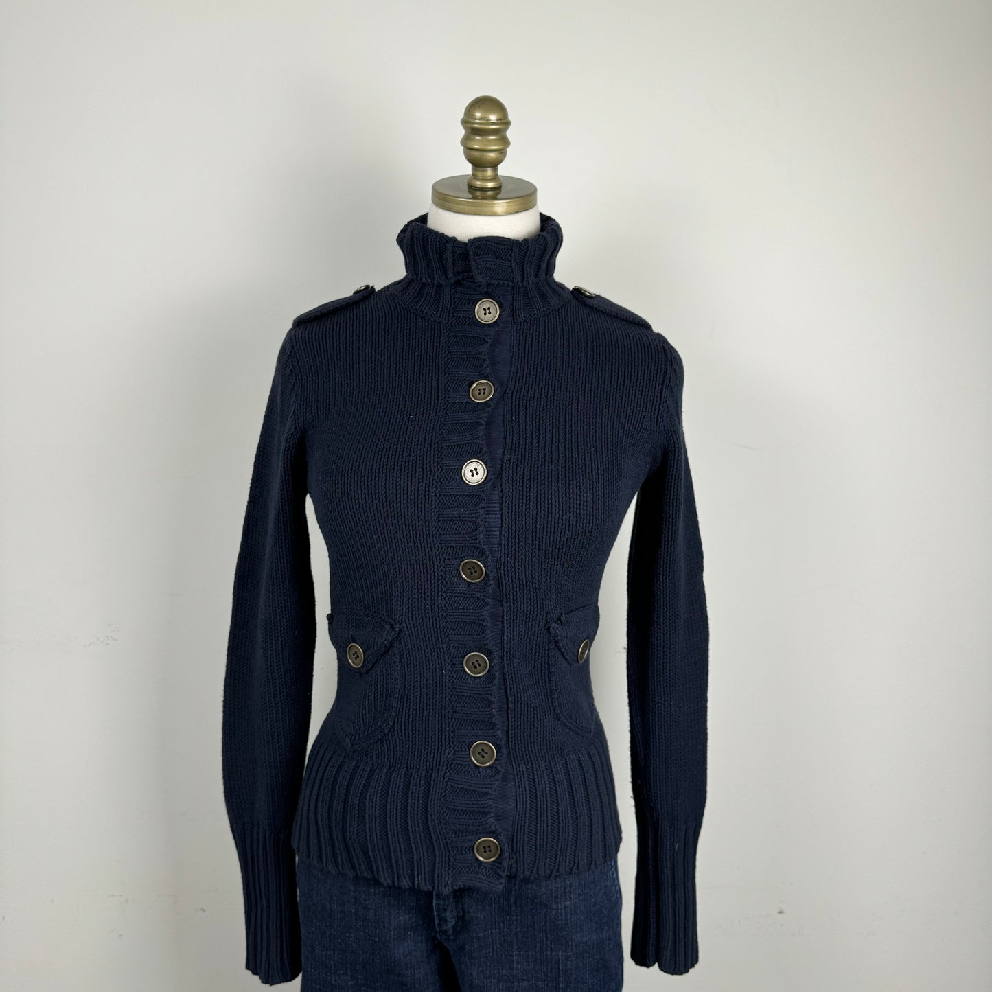 Navy Button Up Fitted Sweater